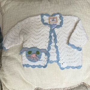 Vintage White and Blue Crochet Baby Cardigan